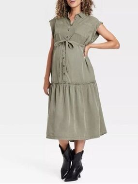 Isabel & Ingrid Short Sleeve Button-Front Belted Maxi Maternity Dress, Small